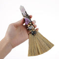 Witchcraft Supplies Witches Broom - Wiccan Decor with Plum Blossom Tourmaline Altar Supplies with Fluorite Natural Healing Crystals Hexagonal Points Pagan Decor Reiki Energy Clearing Crafts