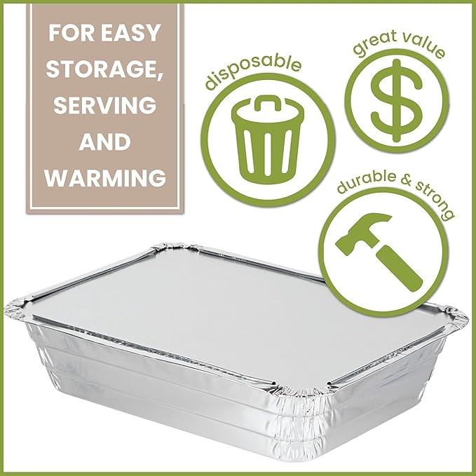 PARTY BARGAINS 2.25 lb Aluminum Pans with Board Lids, 20 Pack – 8 x 6 in Disposable Foil Roasting & Steam Table Pans for Catering, Takeout, Meal Prep, Oven Safe up to 240°C
