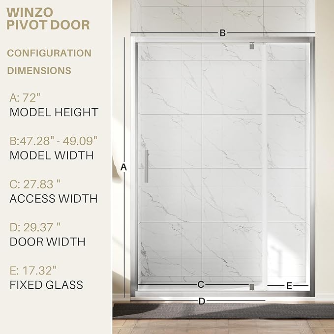 WinZo 47-48" W ×72" H Pivot Shower Door, 1/4"(6mm) SGCC Clear Tempered Glass Shower Door with Explosion Film, Nano Easy-Clean Coating, Reversible Installation, Brushed Nickel