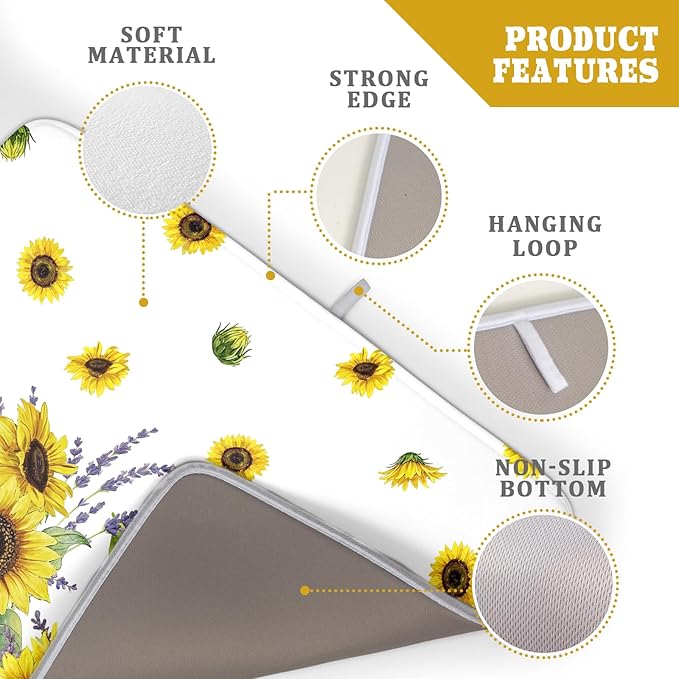 Sunflower Dish Drying Mat for Kitchen Counter 24x18 Inch Floral Lavender Drying Mat with Absorbent Reversible Microfiber Season Spring Summer Dish Drainer Mats Rack Pad for Coffee Countertop Protector