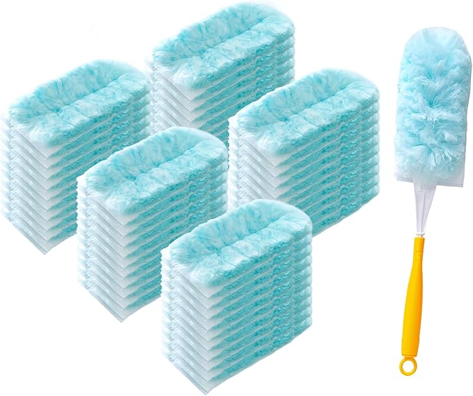 50 Count Duster Refill for Swiffer Duster, Heavy Duty Duster Refills with 2 Handle, 360° Dusters Refills Kit with 4X Microfibers, Disposable Dusters for Cleaning Home
