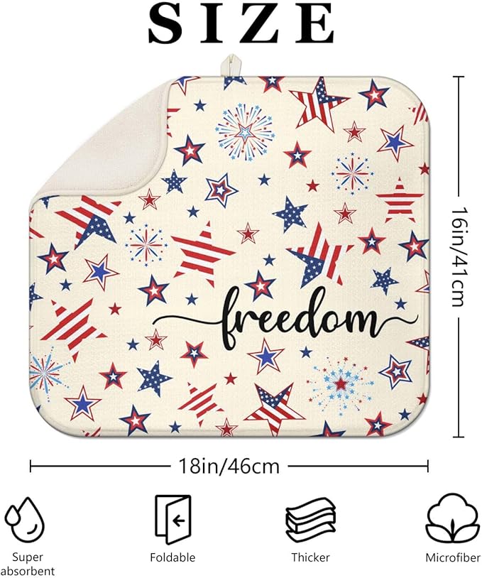 4th of July Dish Drying Mat for Kitchen Counter,Independence Day Stars Memorial Fallen Soldiers Microfiber Drying Mat, Washable Absorbent Patriot Kitchen Countertop Dish Mat Draining Mat 16×18 Inch