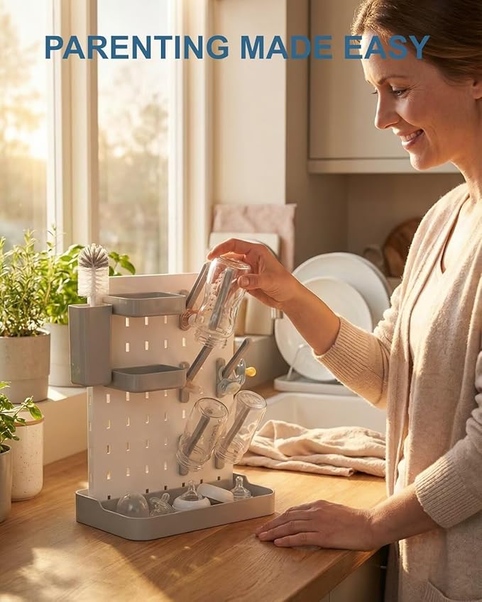 Baby Bottle Drying Rack with Brush & Soap Organizer, Space Saving Countertop Dryer Holder for Breast Pump Parts, Nipples & Accessories, Detachable High Capacity Stand with Drip Tray, BPA Free