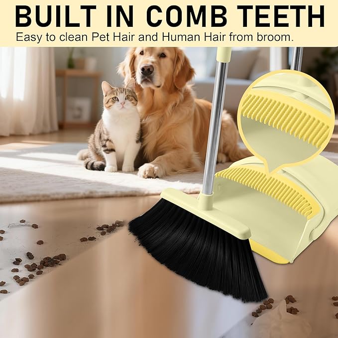 Broom with Dustpan Combo Set, 54-in Adjustable Handles Broom and Dustpan Set with Comb Teeth Easy to Scrape Off Pet Hair, Indoor&Outdoor Sweeping