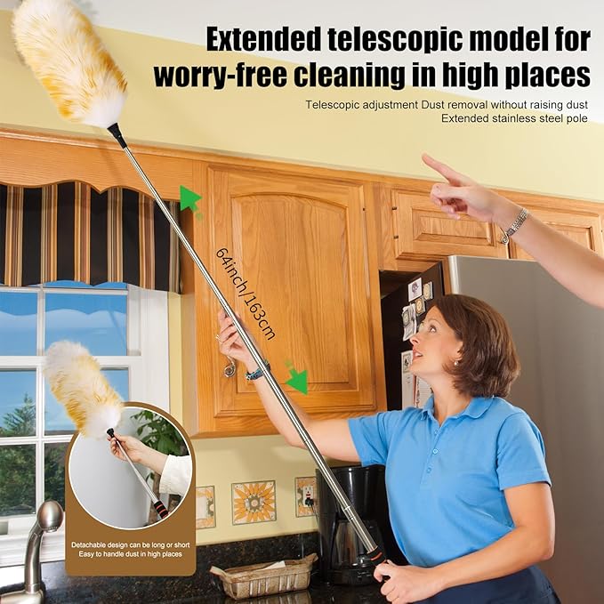 Wool Duster with Telescopic Rod Natural Cleaning Dusters for Sweeping The Corners of Ceilings Suspension Aircondition