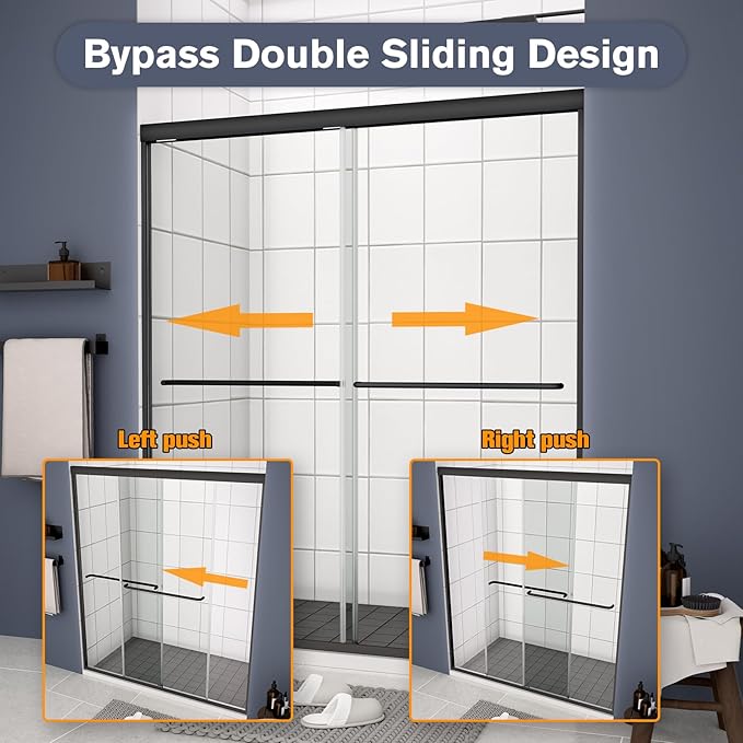 Bypass Glass Shower Door 56-60" W x 70" H with 1/4" Clear SGCC Tempered Glass, Semi-Frameless Double Sliding Shower Door, Easy to Clean, Easy to Install, Matte Black