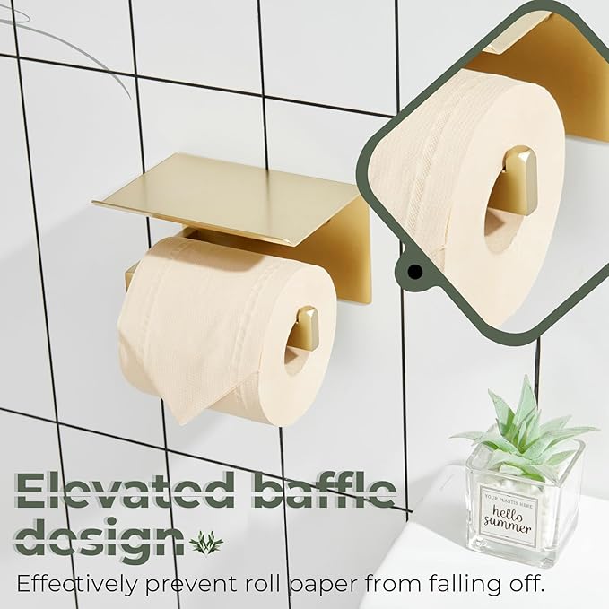 KOKOSIRI Toilet Paper Holder with Shelf Toilet Roll Holder for Bathroom Restroom T-304 Stainless Steel Wall Mounted, Gold Finish, B2010BG
