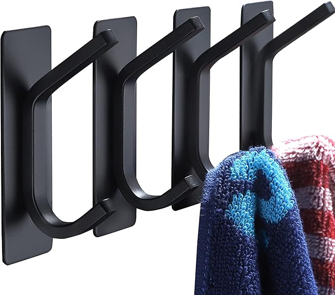 YIGII Towel Hook/Adhesive Hooks - Black Wall Hooks Stick for Bathroom and Kitchen Heavy Duty Hooks 4-Pack, Stainless Steel