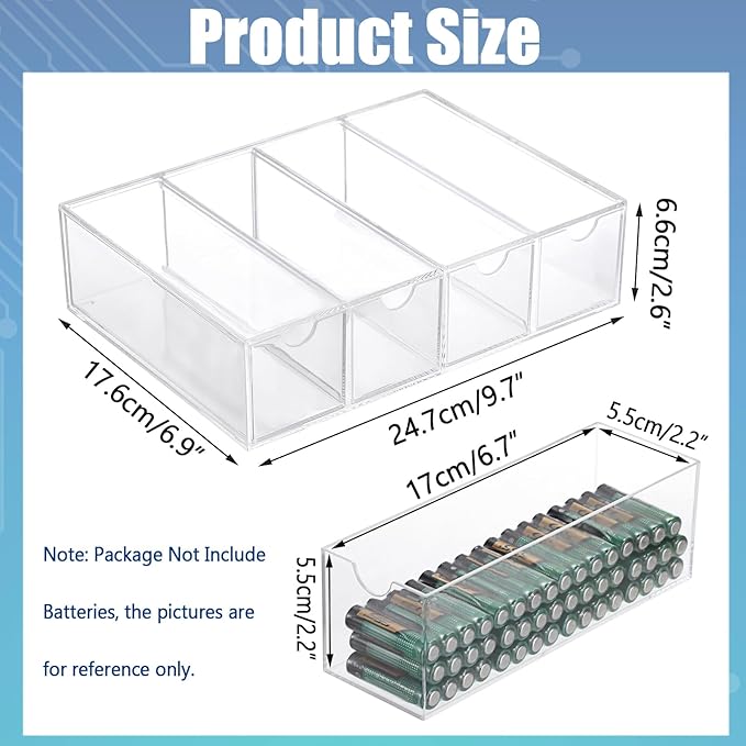 BTSKY 2 Pack Clear Acrylic Battery Storage Organizer for AA, AAA, 9V, C Batteries, 4-Drawer Storage Box Battery Holder Organizer for Common Types Batteries, Household Container(Batteries Not Included)