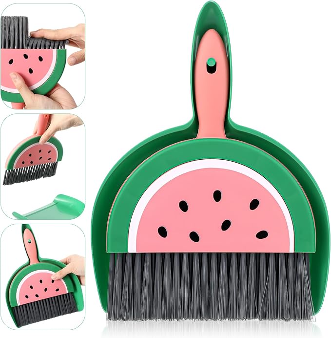 Ouligay Portable Small Broom and Dustpan Set with Durable Brush,Cute Mini Dustpan and Brush Sets, Lightweight Dust Pan and Broom Set for Desktop Small Space Cleaning(Watermelon)