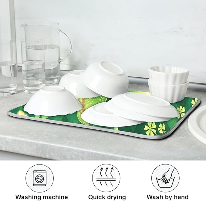 St Patrick's Day Clovers Green Dish Drying Mat 18x24 for Kitchen Lucky Shamrock Leaves Golden Coins Dishes Pad Dish Drainer Rack Mats Absorbent Fast Dry Kitchen Accessories