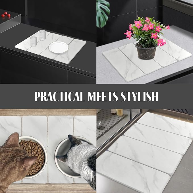 Large Stone Dish Drying Mats for Kitchen Counter, 24"(L)×16"(W) Collapsible Quick Dry Dish Drying Mat, Eco-Friendly Absorbent Diatomaceous Earth Mat for Dishes Bottles Cup【Marble pattern】