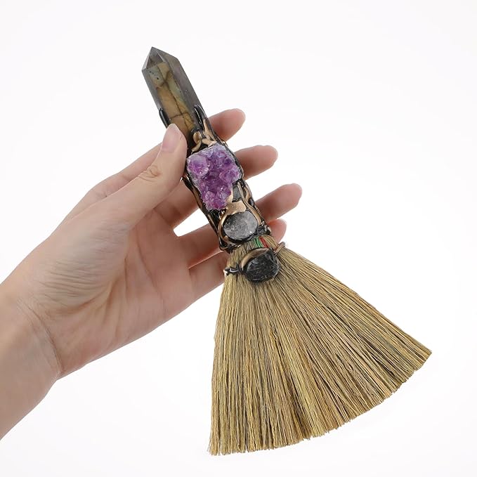 Witch Broom Witchcraft Supplies - Altar Supplies with Labradorite Wiccan Stuff Magic Broomstick with Natural Healing Crystals Hexagonal Points Pagan Reiki Energy Clearing Decor