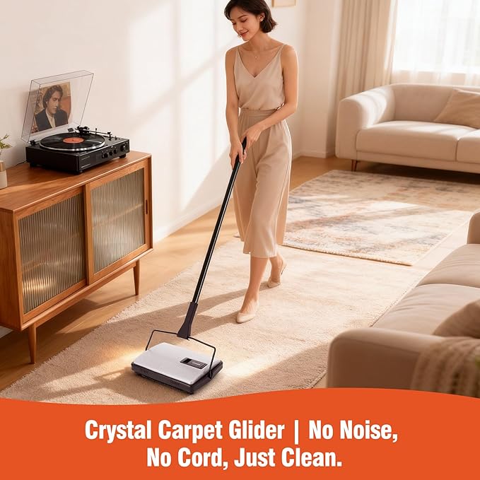 Carpet Sweeper Manual Cordless - Non-Electric Push Sweeper for Pet Hair & Debris on Carpets & Rugs, Includes Cleaning Tool & Extra Replacement Roller