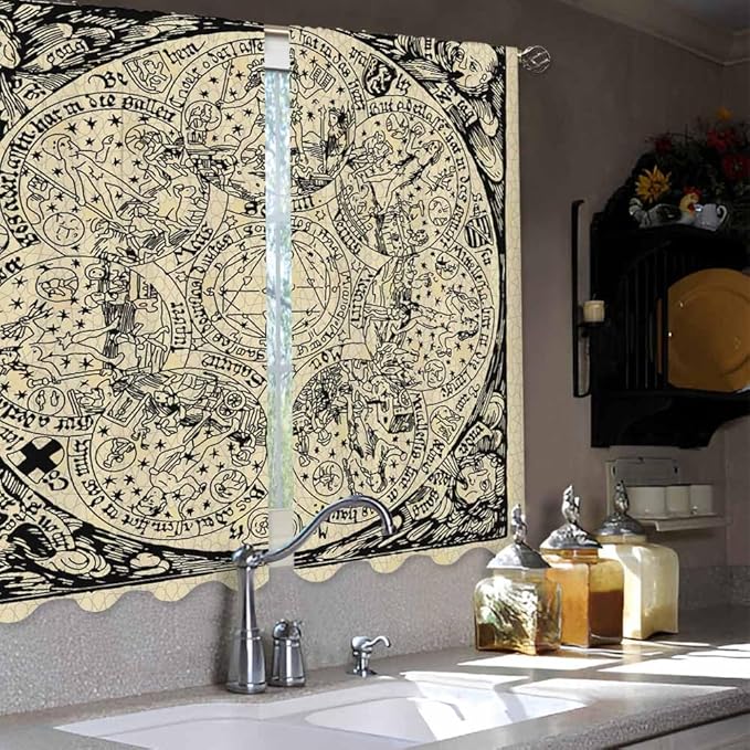 Planets Kitchen Curtains Old Astrology Ink Drawing Short Tier Curtains for Bathroom Cafe Small Window Drapes Treatment 2 Panels (27.5x39 Inch)