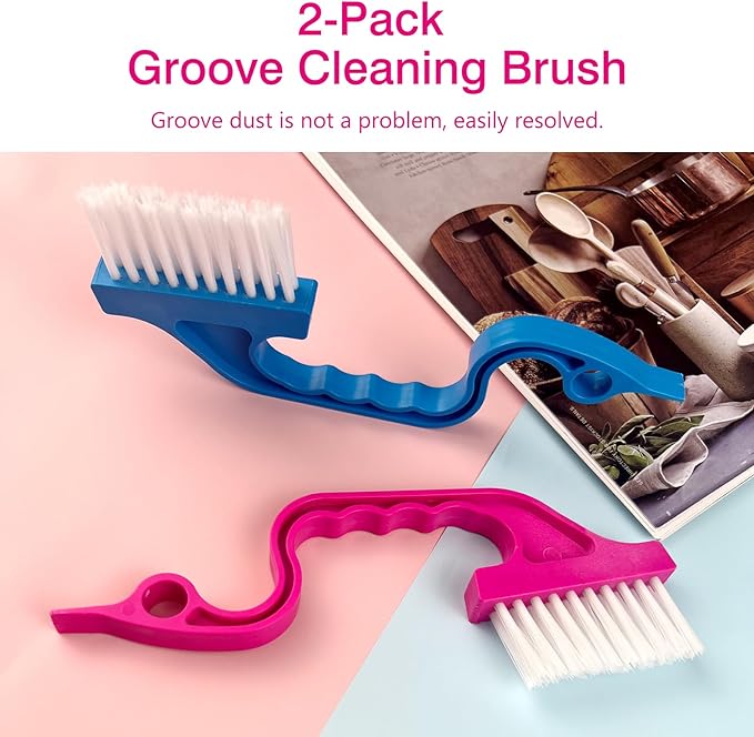 Window Track Cleaning Brush Set - 2 Pack Window and Door Track Cleaning Tools with Ergonomic Handle for Precision Cleaning, Blue and Pink