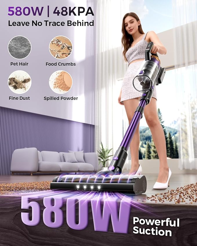 Cordless Vacuum Cleaner, 580W/48Kpa Vacuum Cleaners with 65 Min Runtime, Lightweight Wireless Vacuum with LED Headlights/Screen, wall mount, Removable Handheld Vacuum for Pet Hair/Carpets/Floors/Sofa
