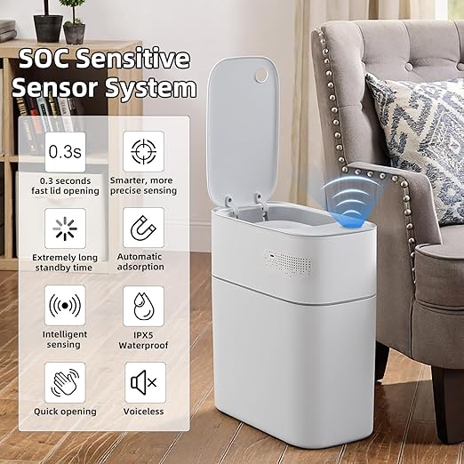 3.5 Gallon Slim Automatic Trash Can for Bathroom,Touchless Diaper Trash Can with Trash Bag Auto-adsorption Technology,Motion Sensor Diaper Garbage Bins for Bedroom Office Kitchen Toilet