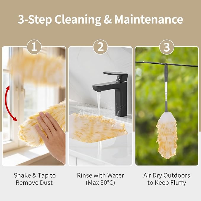 Lambswool Duster with 2 Replacements, Extends to 53 in, Anti-Scratch, Electrostatic, for Ceiling Fans, Furniture, Crafts