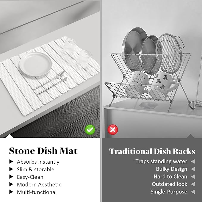 Stone Dish Drying Mat for Kitchen Counter, 24"(L)×16" (W) Large Foldable Absorbent Diatomaceous Earth Dish Drying Mat, Kitchen Counter Mats for Dishes Bottles Cups, Match Any Countertop - Wave Pattern
