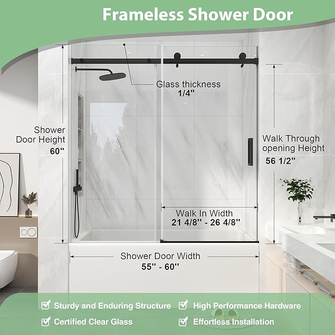 KPUY Frameless Sliding Bathtub Door, 55-60" W x 60" H Tub Shower Door, 1/4" (6mm) Thick Tempered Clear Glass with Explosion-Proof Film Nano Coating, Matte Black