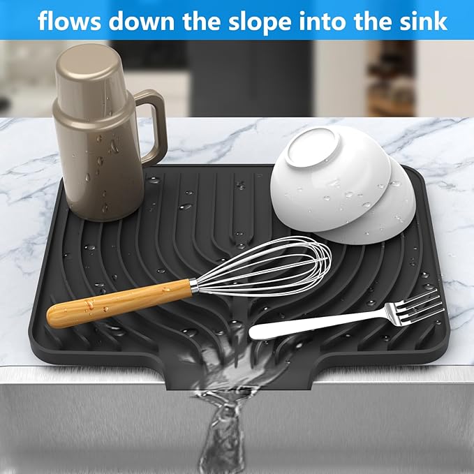 Dish Drying Matt for Kitchen Counter,14.6"×11"Silicone Dry Rack Mat with Built in Drain, Kitchen Dry Mats for Dishes Drying Pad for Counter(Black)