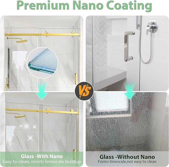 KPUY Frameless Shower Door, 43-48" W x 76" H Sliding Glass Shower Door, 1/4" (6mm) Thick Tempered Clear Glass with Explosion-Proof Film Nano Coating in Brushed Gold Finish