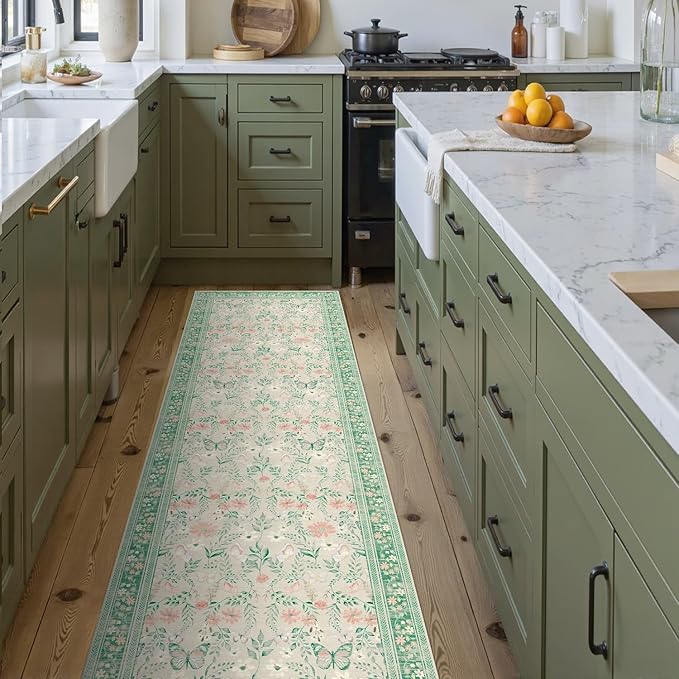 2x6 Floral Runner Rug, Washable Runners for Hallways, Green Vintage Boho Kitchen Rugs, Non Slip Hallway Runner Carpet for Indoor Hallway, Kitchen, Laundry Room and Bathroom