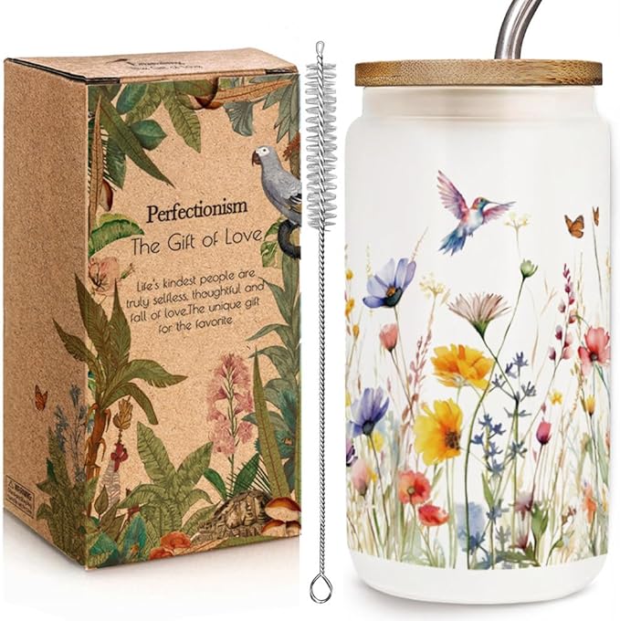 Floral Iced Glass Cups with Bamboo Lids and Straws 16oz Wildflower Bible Coffee Cup Gift for Women Butterfly Flower Drinking Glass with Cleaning Brushes, Flower Gifts for Mother Bridesmaid Party