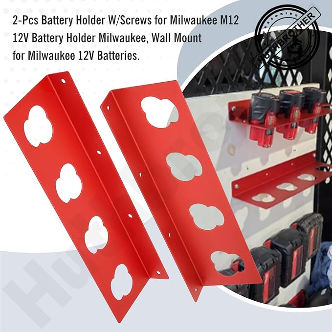 2-Pack Battery Holder W/Screws for Milwaukee M12, 12V Battery Holder, Wall Mount for 12V Batteries