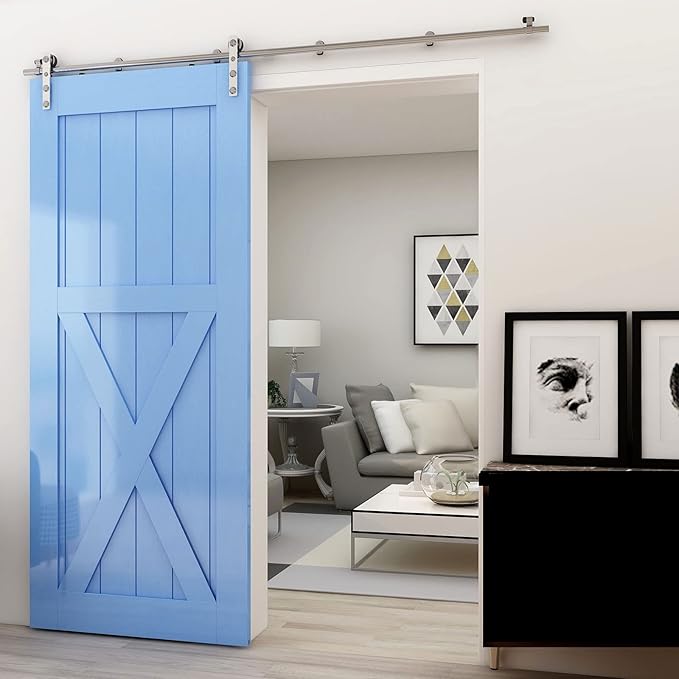 CCJH Stainless Sliding Barn Door Hardware Kit 8ft Heavy Duty for Single Wooden Door (Flat Shape Hanger)