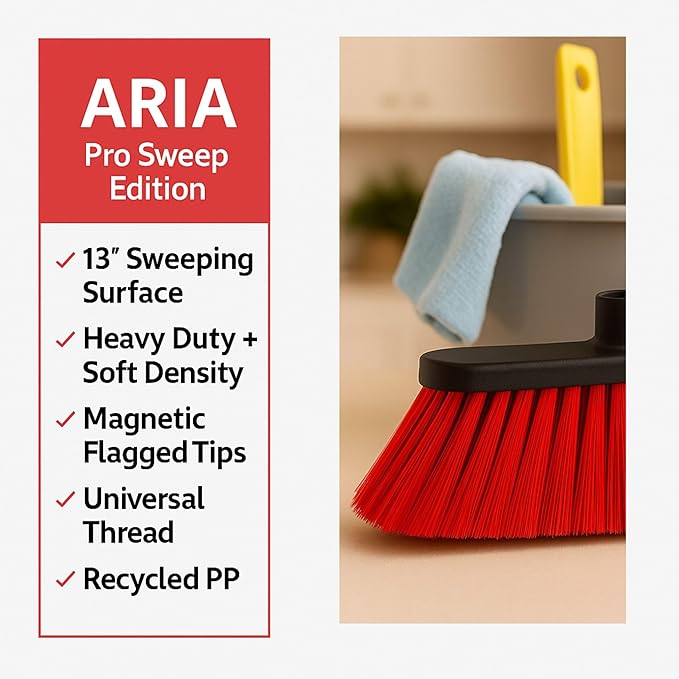Aria Red Pro Sweep Edition – 13” Wide Sweeping Surface – Heavy-Duty Magnetic Flagged Bristles – Universal Thread – Recycled PP – Deep Indoor/Outdoor Professional Sweeper (RED, ARIA)