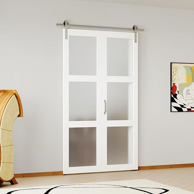 Bifold Closet Doors, 42"（21" x2） x 84", 3 Lites Frosted Glass Bifold Door with Brushed Nickel Sliding Hardware Kit Set, Pre-drilled Bi fold Barn Door Slab, 3.83FT Track for 2 Doors