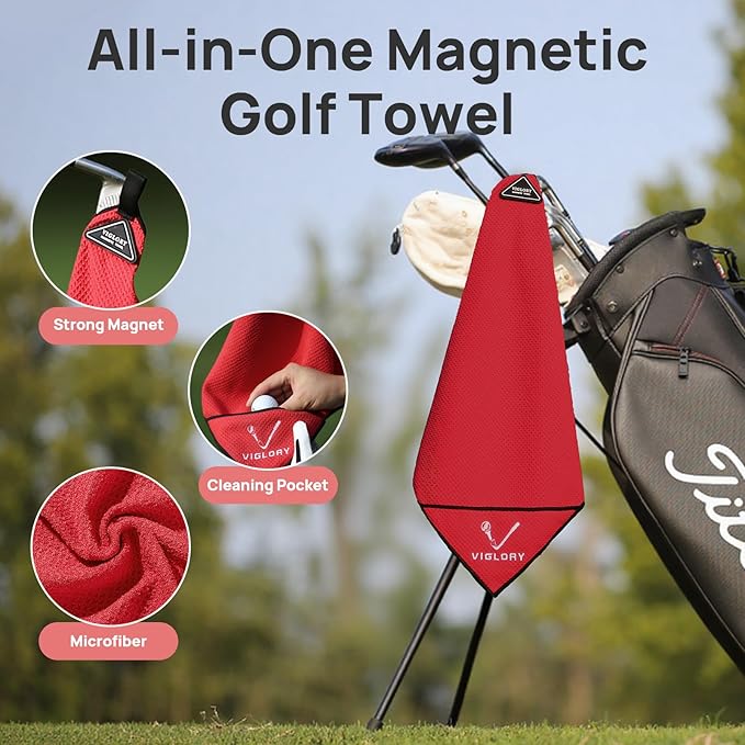 Magnetic Golf Towel - Exclusive Cleaning Pocket–18"x18"–Strong Magnet for Golf Cart or Clubs, Spot-Clean Design, Ultra Absorbent Waffle Microfiber–Golf Accessories & Gift for Men(Red 1 Pack)