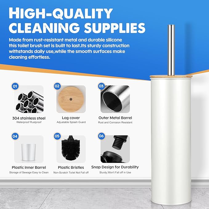 Compact Toilet Brush and Holder 2 Pack,SetStainless Steel Handle Toilet Brush,Deep Cleaning,Durable Nylon bristles,Splash-Proof Design(White&Black)