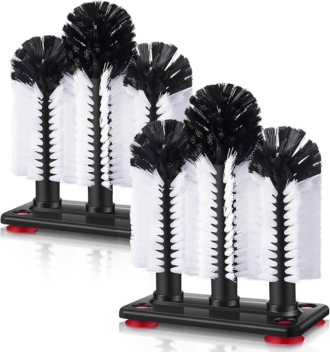 Havawish 2 Pack Water Bottle Cleaning Brush with Suction Base, 3 Head Bristle Bar Glass Washer for Sink, Cup Washer Brush Cleaner for Bar Beer Cup, Wine Glass, Long Leg Cup Kitchen Tools