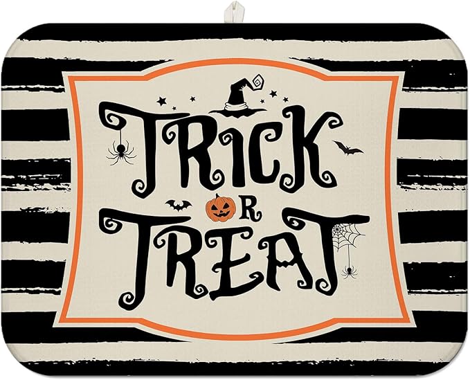 Halloween Dish Drying Mat for Kitchen Counter, Halloween Trick or Treat Microfiber Drying Mat,Distressed Black and White Background Washable Absorbent Countertop Holiday Dish Mat Drain Mat,18x24 Inch