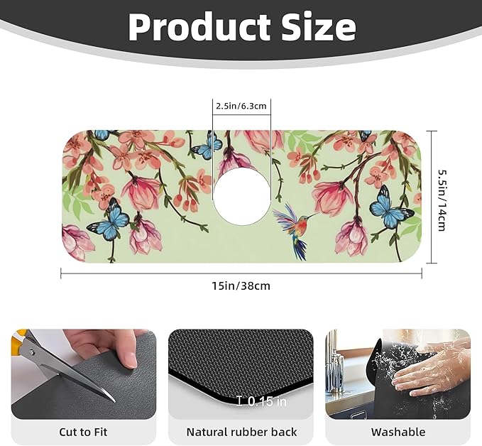 Bird Floral Flowers Dish Drying Mat for Kitchen Counter, 18"x24" Microfiber Absorbent Fast Dry Mat, 2Pcs Dish Mat Faucet Mats Sets, Large Drying Kitchen Mat Kitchen Drying Pad Coffee Bar Decor Gifts