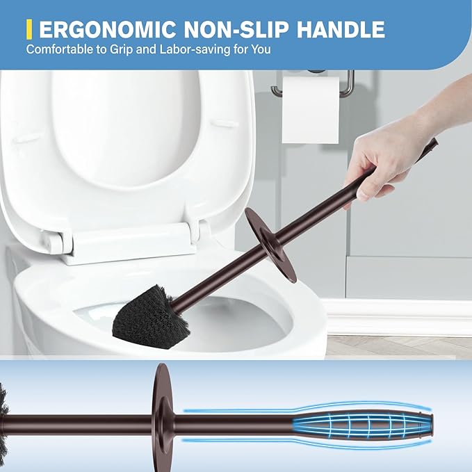 UPTRONIC Toilet Brush, Aluminum Alloy Toilet Brush and Holder Set with Long Handle Durable Bristles Toilet Bowl Brush and Covered Holder for Toilet Scrubber for Bathroom Cleaning (2Pcs Dark Brown)