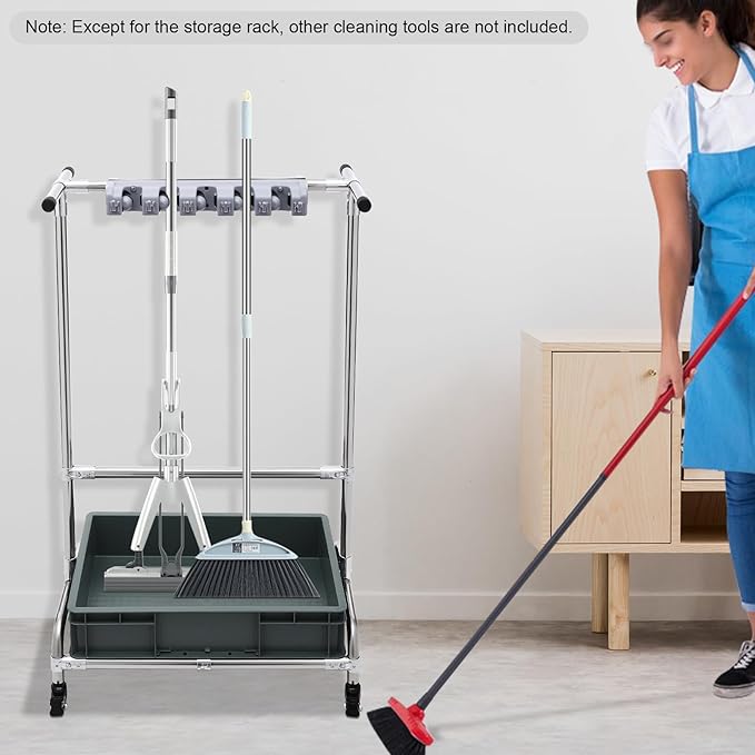 Broom and Mop Holder Put Wet Mops Movable Floor-Mounted Mop Rack Floor Standing Cleaning Tool Cart Storage with 12 Pack and Wheel Broom Holder Organizer for Garden,Garage, Shed, Outdoor