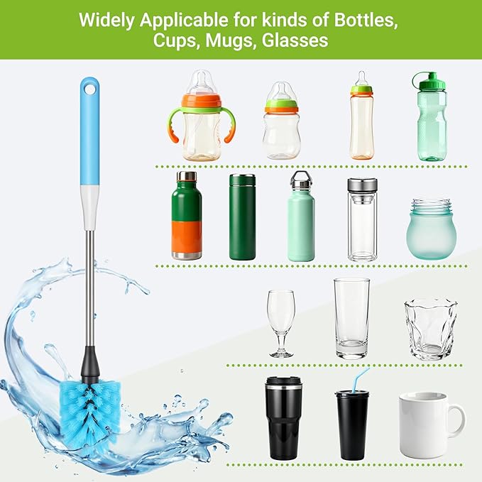 4-in-1 Bottle Brush, 16 Inches Stainless Steel Bottle Cleaner Brush with Long Handle Narrow Neck Bottle Brush, Straw Brush & Lid Brushe for Cleaning Wine Glasses,Coffee Mugs,Tumblers,Wine Decanters