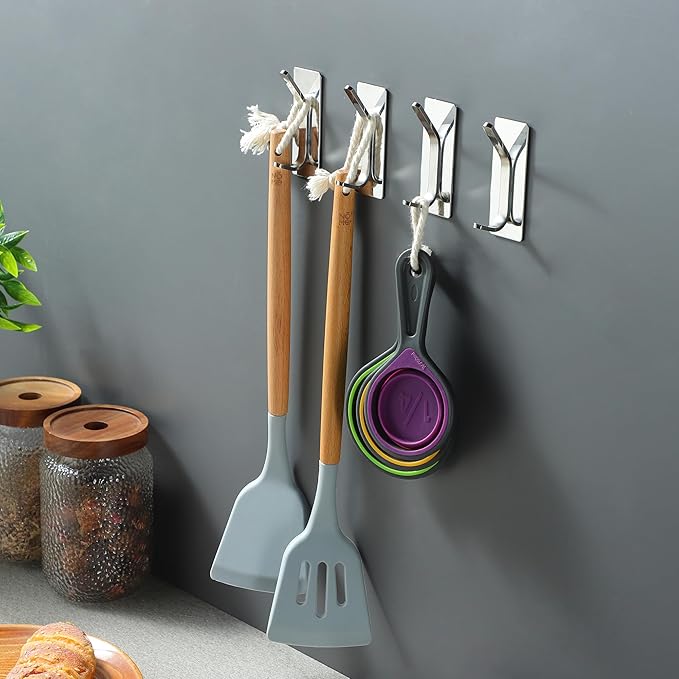 Taozun Polished Silver Towel Hooks 4pcs Stainless Steel Adhesive Hanging Hooks for Bathroom Stick on Wall Hooks for Home, Office, Kitchen