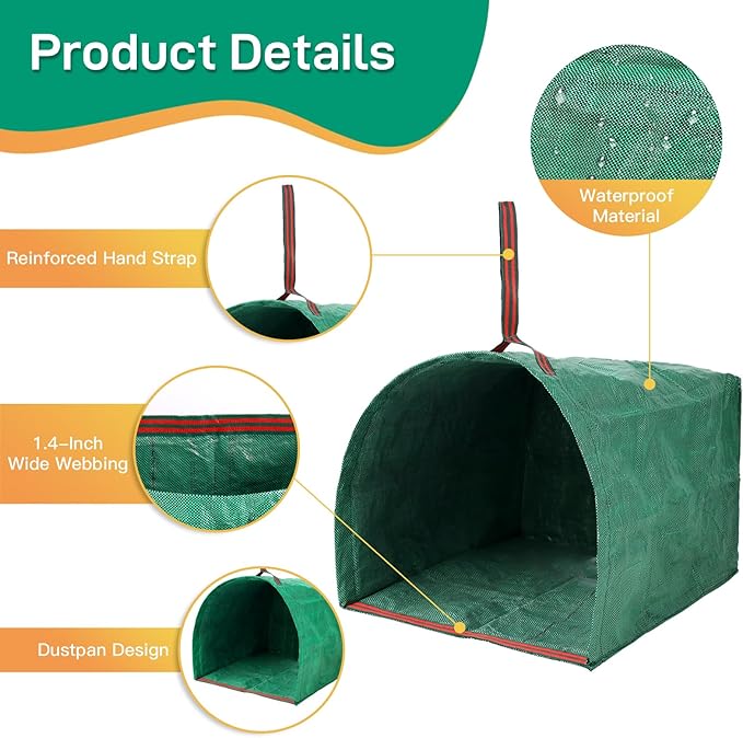 2 Pack 53 Gallon Reusable Yard Waste Bags, Dustpan-Type Leaf Collector Bag, Collapsible Heavy Duty Leaf Bags, Standable Garden Waste Bags for Collecting Leaves, Lawn Grass, Clippings and Branches