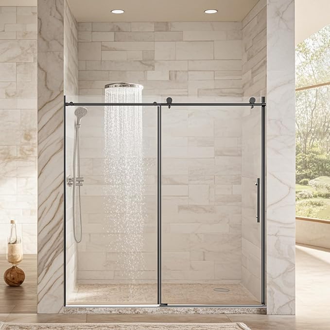 Frameless Sliding Shower Door 72” W x 76” H, 3/8” Tempered Glass, Single Bypass Shower Enclosure with Reversible Door, Quiet Rollers, Anti-Jump Safety System,Matte Black Stainless Steel