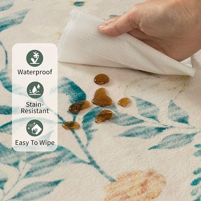 Floral Rug for Living Room Bedroom, 8x10 Washable Rug, Vintage Boho Area Rug, Large Non Slip Low Pile Wool Carpet for Indoor Dining Room,Girls Room,Nursery Room and Kids Room(Ivory Green 8x10)