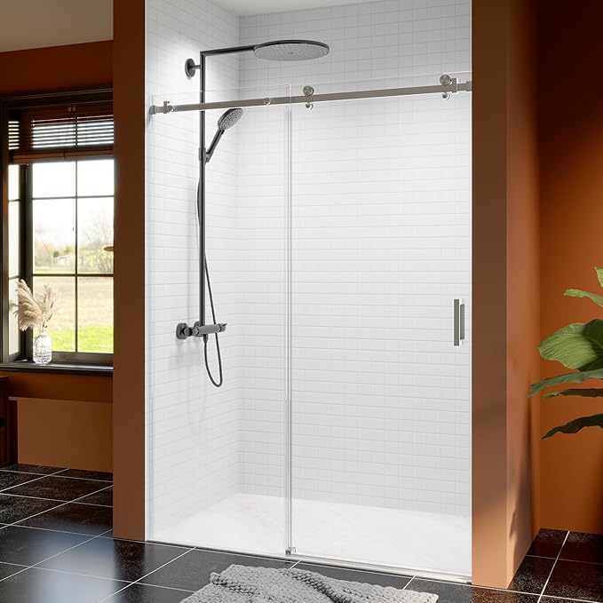50-54 Inch Frameless Sliding Shower Door, 76" Height, 5/16" (8mm) Clear Tempered Glass, Smooth Gliding Track & Anti-Jumping System, Stainless Steel Brushed Nickle Finish