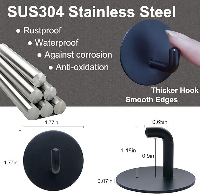 Adhesive Towel Hooks for Bathroom, 15LB Strong Hanger Stick on Wall and Door No Damage, Drill Free, Waterproof, Stainless Steel Sticky Hooks for Hanging, Matte Black, 8 Pack