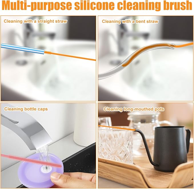2pcs Silicone Straw Cleaner Brush, 9.44in Extra Long Reusable Straw Brush for Stanley, Metal, Glass Straws, Bendable Travel Drinking Bottle Lid Cleaning Tool for Crevice Pipe Tube (Pink,Orange)