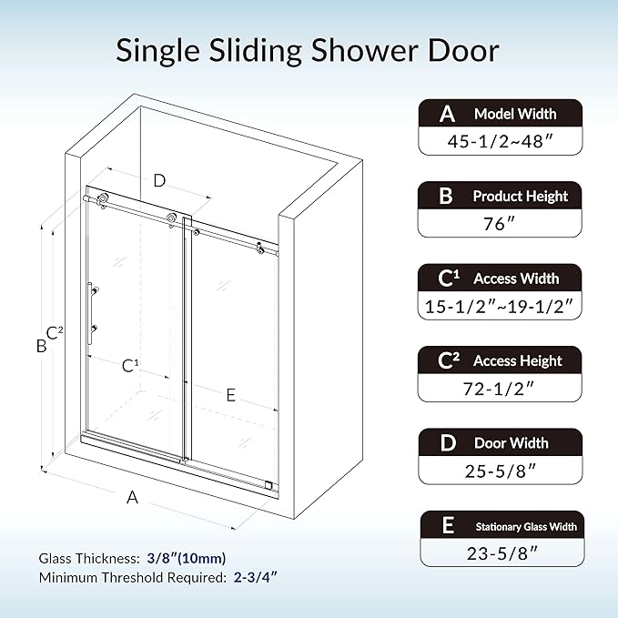 Woodbridge Frameless Single Sliding Shower Doors in Brushed Gold Finish, 45.5-48" Width x 76" Height with 3/8"(10mm) Clear Tempered Glass, Soft Close System and Explosion-Proof Film, BSDC4876-BG
