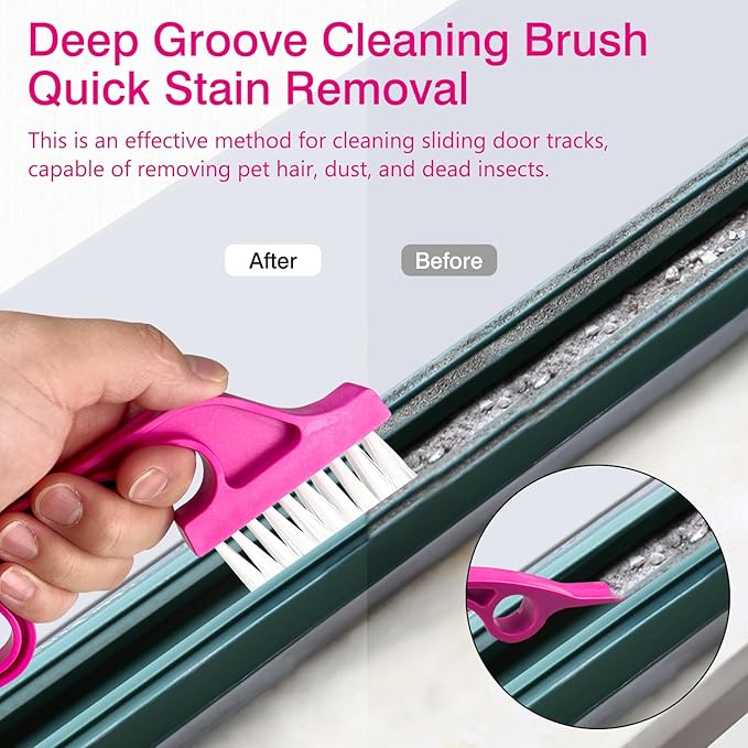 Window Track Cleaning Brush Set - 2 Pack Window and Door Track Cleaning Tools with Ergonomic Handle for Precision Cleaning, Blue and Pink